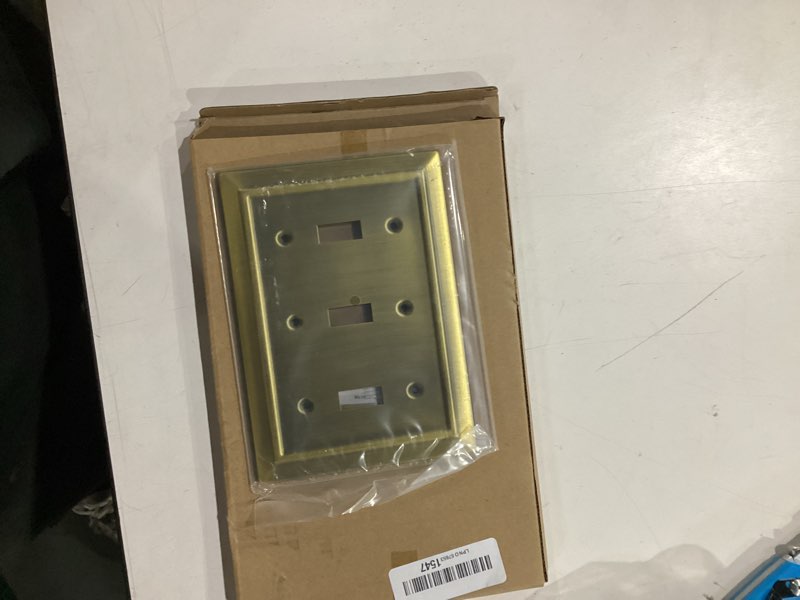 Condition photo showing New/Like New for metal wall plate for electrical outlets, decorative antique brass switch plates outlet cover, light switch cover plate, 3-gang wall plates (triple toggle, 1 pack) triple toggle antique brass