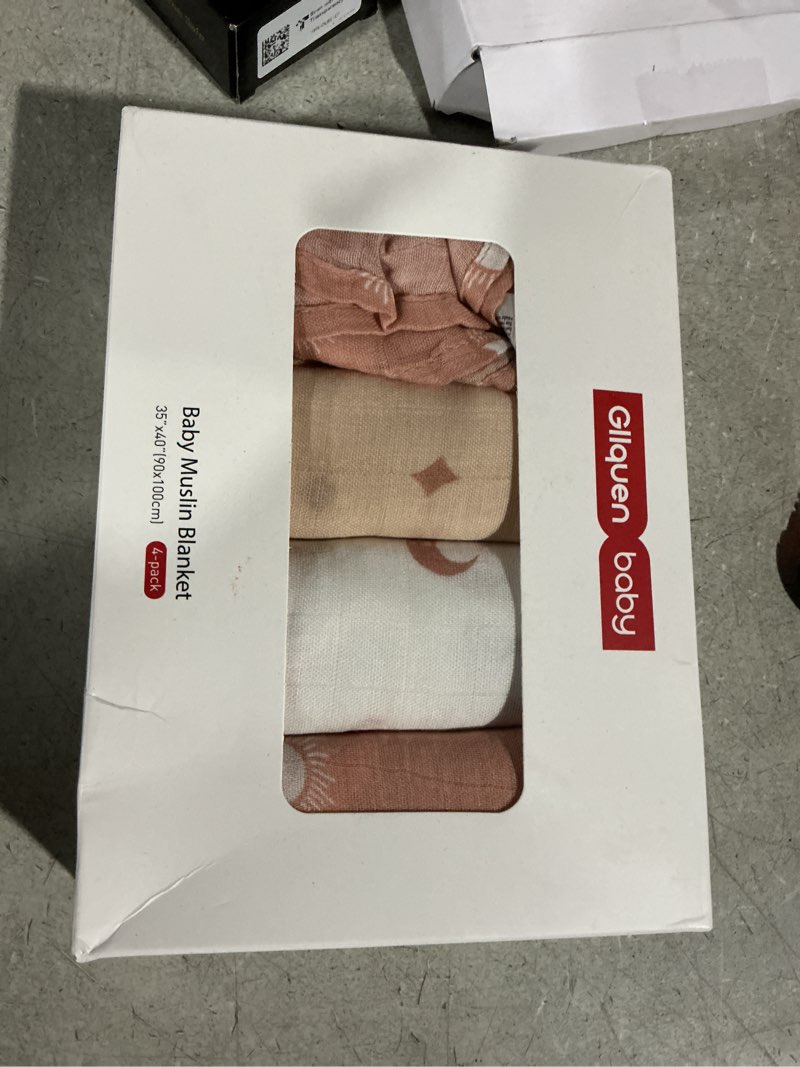 Condition photo showing New/Like New for gllquen baby muslin swaddle blankets 4-pack breathable receiving blankets (35" x 40") soft baby blankets for girls and boys newborn essentials muslin burp cloths swaddle wrap baby gift (sun) sun 4 pack