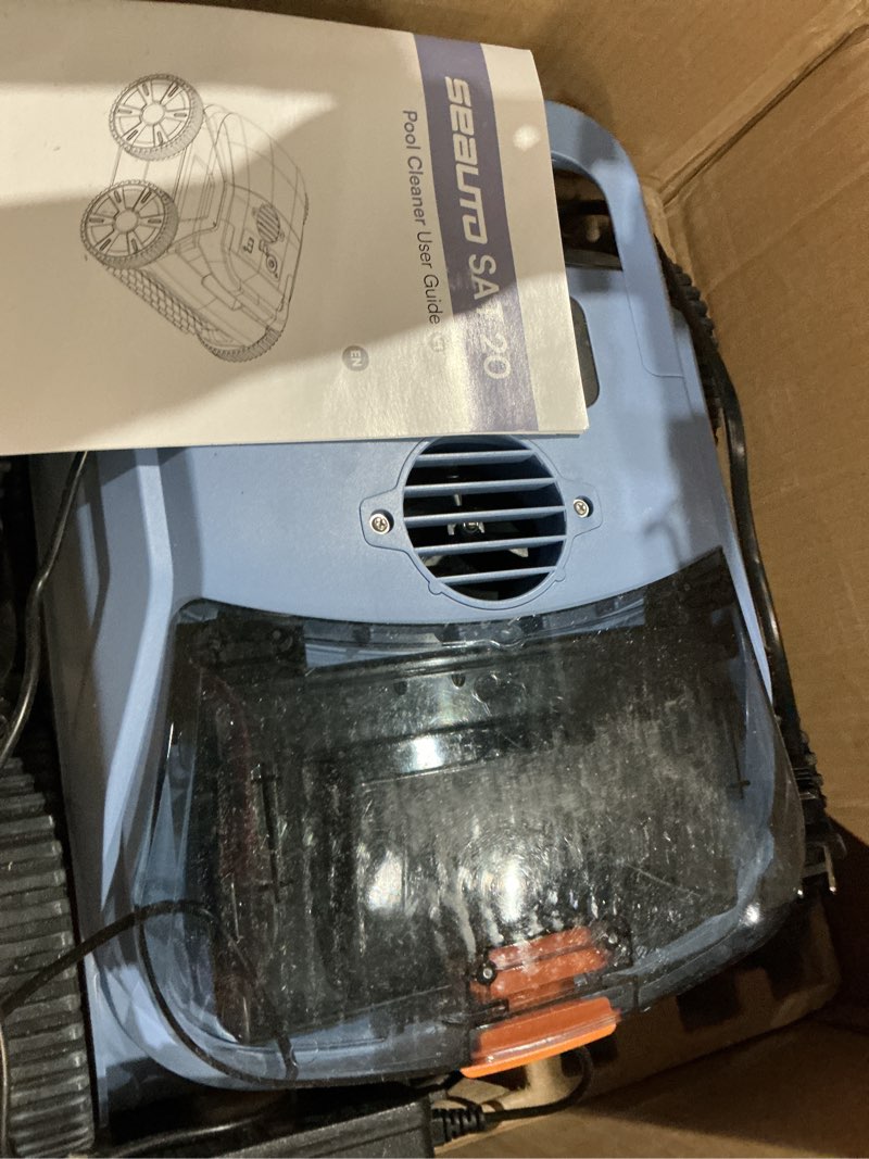 Condition photo showing As Is for cordless robotic pool cleaner, 180 mins runtime self-parking pool vacuum for above ground pools, wall climbing automatic pool robot - not suitable for pools with sharp steps/raised drains sky blue