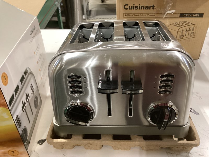 Condition photo showing As Is for Cuisinart 4 Slice Toaster, Compact Stainless Steel Toaster with Extra-Wide Slots for Toasting Bread, French Toast, Bagels and Pastries, Defrost & Reheat Functions, CPT-180P1, Brushed Stainless