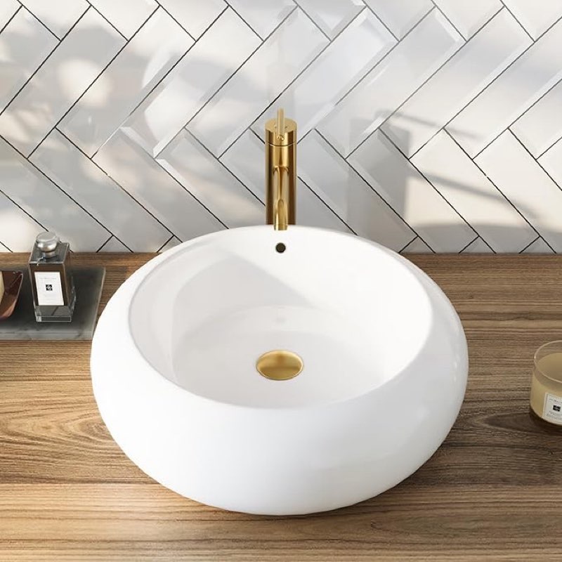  DeerValley Bathroom Sink White Round Ceramic Vessel Sink - 20" x 7'' Modern Above Counter Porcelain Bathroom Vanity Bowl Art Basin with Overflow Hole