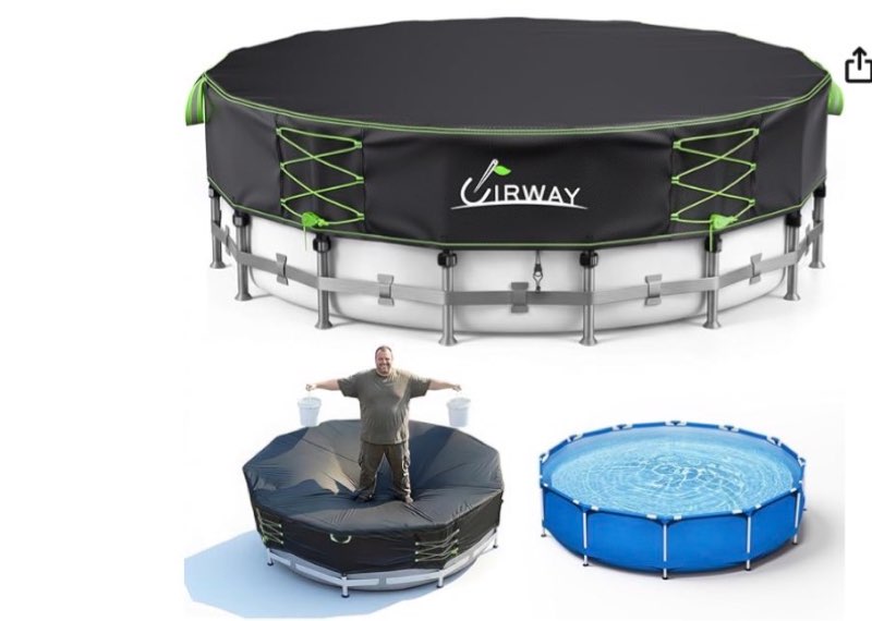  uirway 12ft round pool cover 600d upgraded for above ground pools, solar pool cover with windproof reflective lace-up drawstring, swimming pool covers uv protection, with anti-slip straps(76l x 76w x 20h)