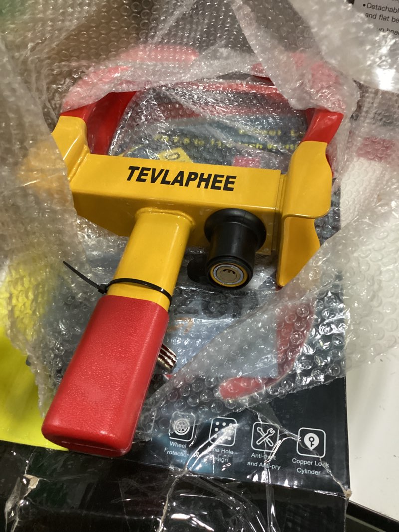 Condition photo showing Good Condition for tevlaphee universal wheel lock heavy duty security trailer wheel lock anti theft wheel locks for cars suv camper motorcycle trailer great deterrent bright color with 3 keys (red-yellow)