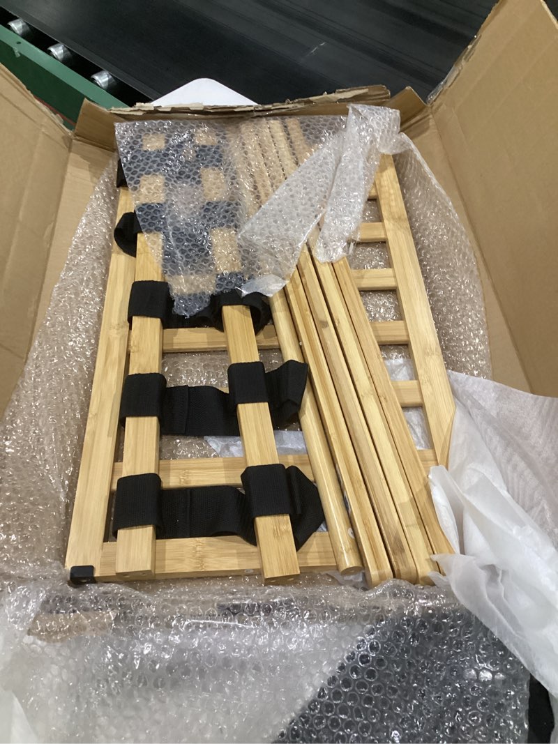 Condition photo showing Good Condition for luggage racks, folding bamboo suitcase stand with storage shelf and nylon straps, luggage holders assembled suitcase storage caddy holder for guest room, hotel, bedroom, natural, pack of 2 natural 2 pack