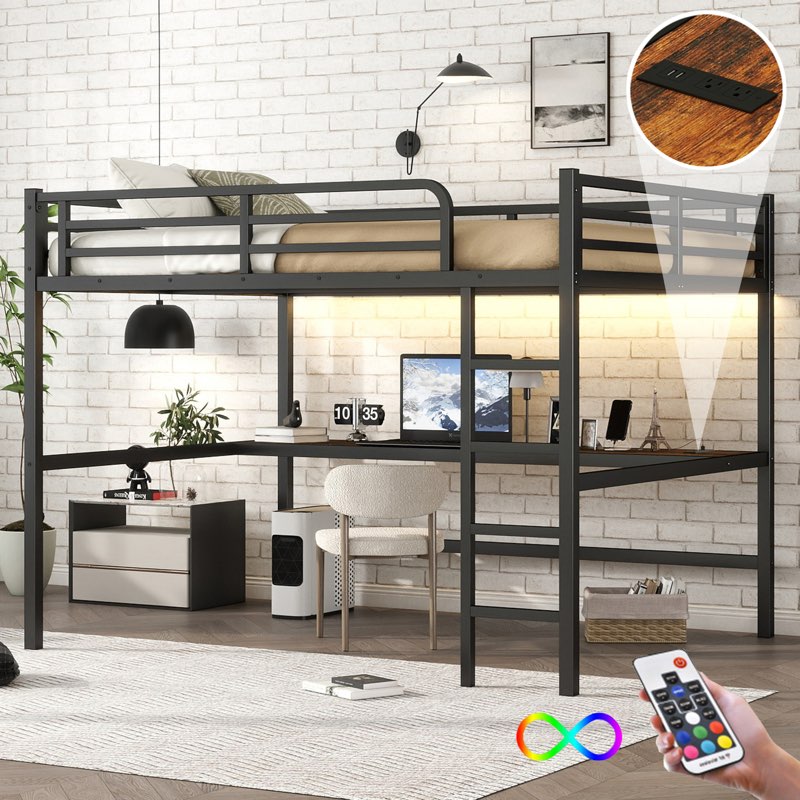 (Incomplete ))Metal Queen Size Loft Bed with Power Outlet and LED Lighted, Space-Saving, Black