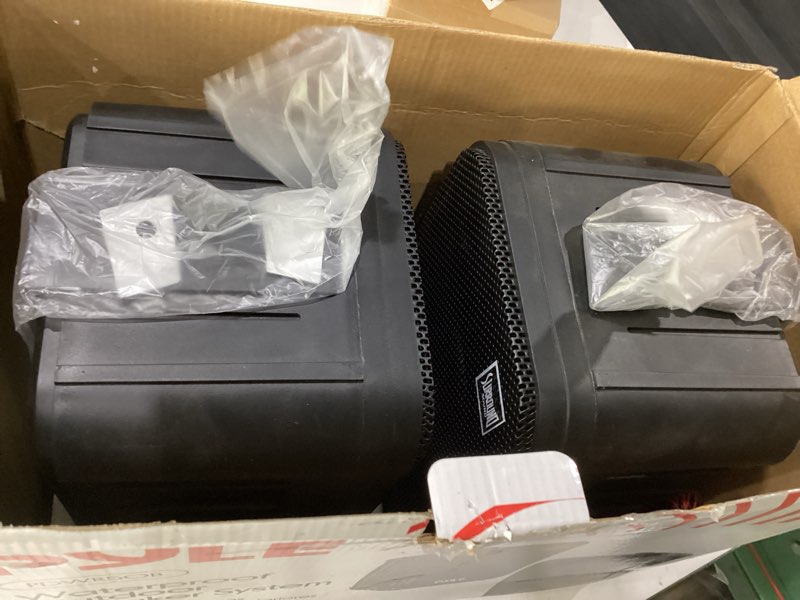 Condition photo showing As Is for dual waterproof outdoor -speaker system - 6.5 inch pair of weatherproof wall / ceiling mounted -speakers heavy duty universal mount - use in the pool, patio, indoor - pyle pdwr50b (black) black 6.5 in 500 watts peak speaker system, not tested