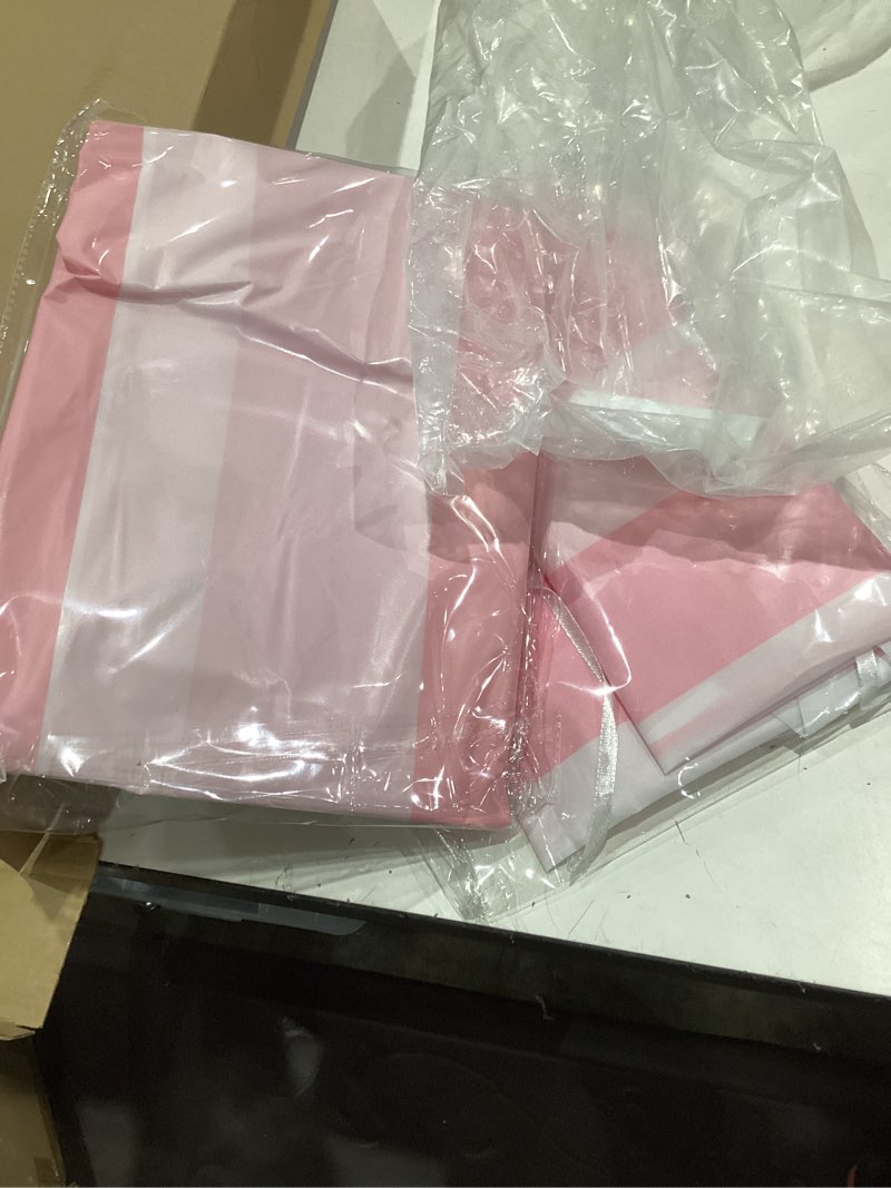 Condition photo showing As Is for colingmill carnival tablet tent kit circus party decoration include tabletop hut, tent canopy, stripe table skirts, tablecloth for carnival party supplies decorations(pink and white)