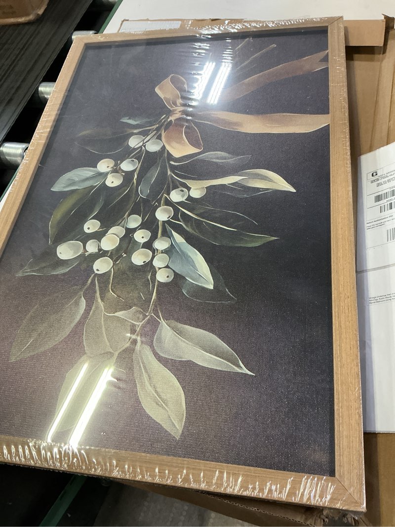 Condition photo showing New/Like New for Vintage Christmas Wall Art, Dark Winter Holiday Mistletoe Wall Decor Paintings, Rustic Moody Neutral Canvas Prints Picture for Farmhouse Mantel Bedroom Living Room 16x24 inch Wood Framed