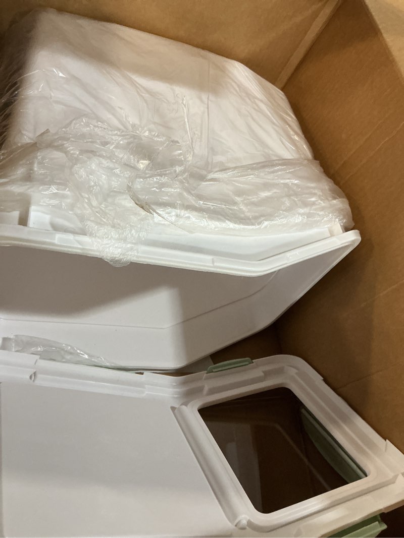 Condition photo showing Good Condition for Airtight Flour Storage Container 25 lb Rice Storage Container with Wheels Seal Locking Lid, Food Containers with Measuring Cup& Scoop for Flour, Rice, Grain, Cyan 2Pack Cyan 2 Count