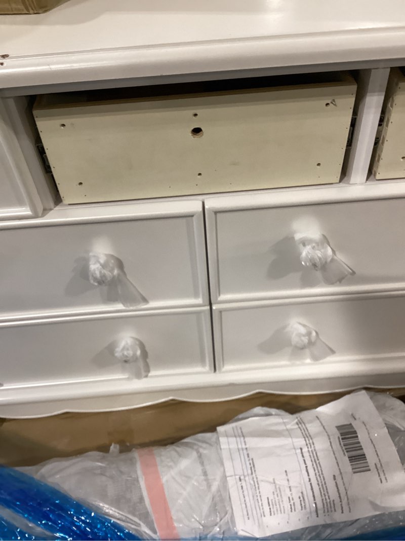 Condition photo showing As Is for évolur Aurora 7-Drawer Double Dresser, Assembled Baby Dresser with Crystal Knobs, Queen Anne Feet & Spacious Storage for Nursery Essentials in Frost White