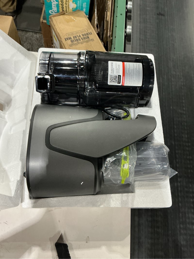 Condition photo showing As Is for Juicer Machines, 3-in-1 Cold Press Juicer with 6.5" Extra Large Chute, 100oz Large Capacity, AC Motor, Makes Juice, Nut Milk & Sorbet, Premium Gray