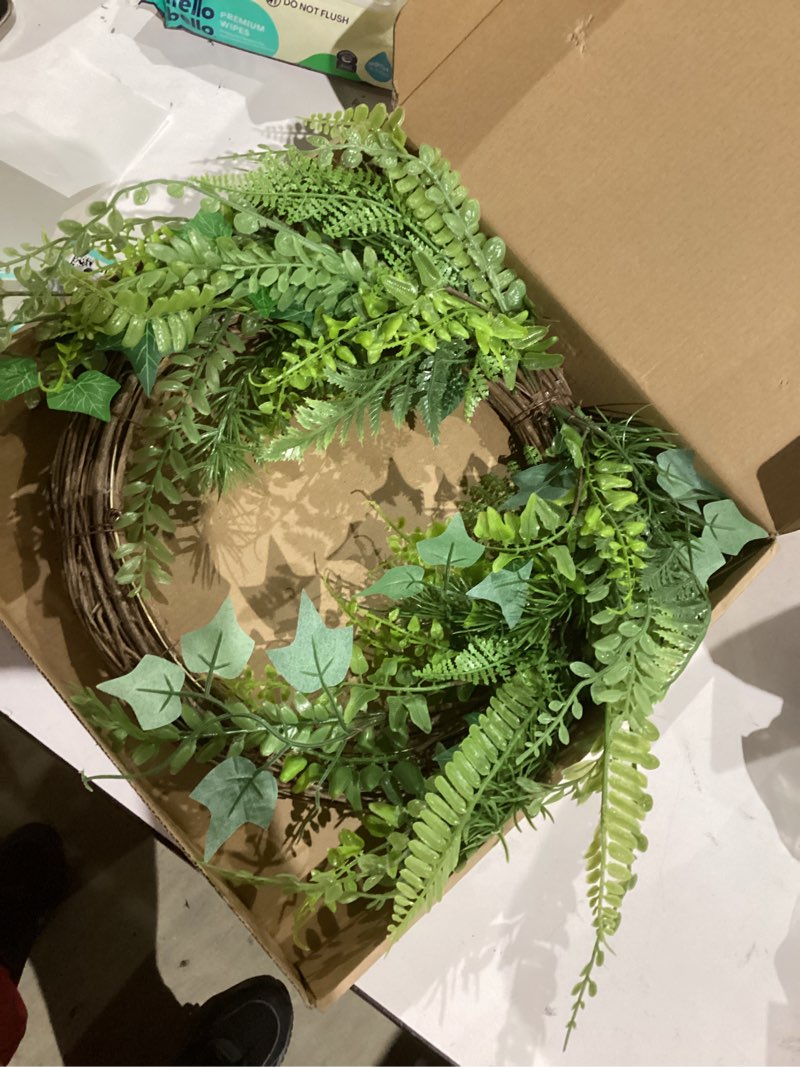 Condition photo showing As Is for 24''Eucalyptus and Boston Ferns Wreath for Front Door Large Artificial Greenery Fern Hanging Wreaths for Porch Window Farmhouse Home Faux Fern Hanging Decor for Spring Summer All Seasons 1 Green