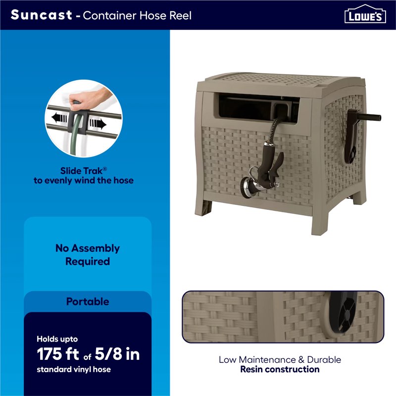 suncast slide trak hideaway plastic 175-ft container hose reel
