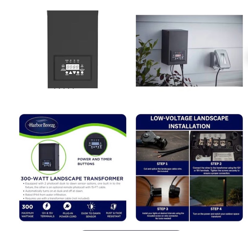 harbor breeze 300 -watt multi-tap landscape lighting transformer with digital timer