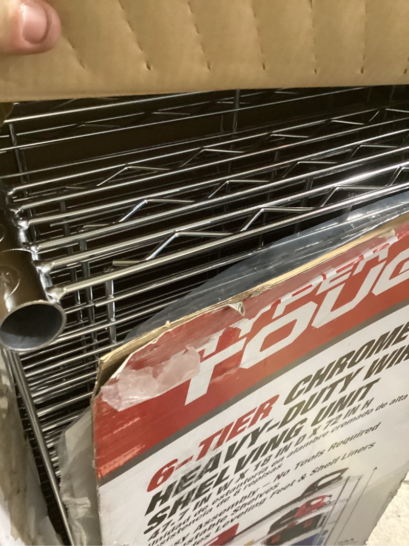 Condition photo showing As Is for hyper tough 6-tier wire storage shelves with liners, 48" w x 18" d x 72" h, 3600 lb load capacity, chrome