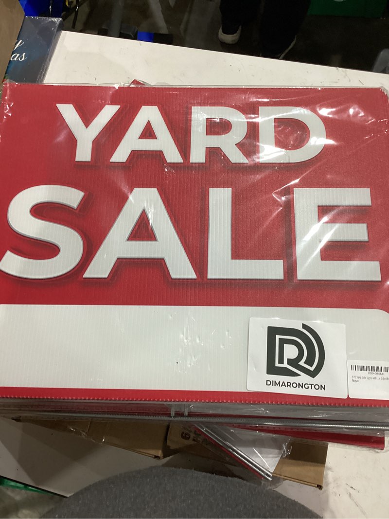 Condition photo showing New/Like New for 3 PC Yard Sale Signs with Stakes, 12x16 DS Coroplast Rummage Sale Signs