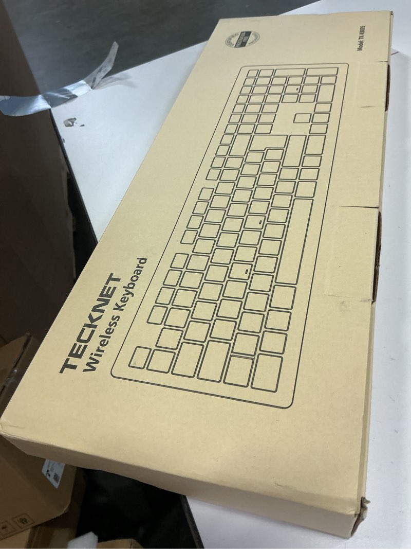 Condition photo showing New/Like New for tecknet bluetooth keyboard rechargeable, 4-device free switching (2.4g+bt), ultra-slim full size wireless keyboard, quiet typing, for pc/laptop/smart tv/phone, adjustable stand, 12 multimedia keys silver&grey