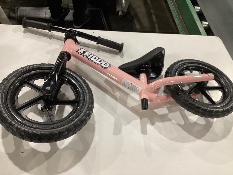 Condition photo showing As Is for kriddo toddler balance bike 2 year old, age 24 months to 5 years old, 12 inch push bicycle with customize plate (3 sets of stickers included), steady balancing, gift bike for 2-3 boys girls, pink pinka