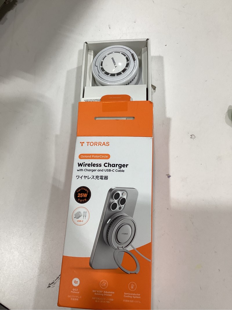 Condition photo showing New/Like New for TORRAS PolarCircle Qi2.2 Wireless Charger, 25W Cooling Magnetic Pad for iPhone 17/16, Wireless Charger for Samsung Galaxy S25/S24 with 360°Spin Stand, Semiconductor Game Cooler, with 45W IceNano Plug White