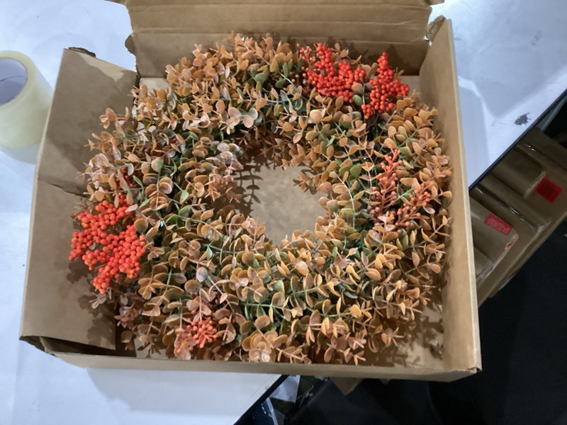 Condition photo showing New/Like New for eucalyptus fall wreaths for front door 15", handmade fall leaves wreath for autumn, floral farmhouse wreath for wall and outside indoors