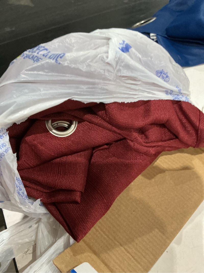 Condition photo showing As Is for mainstays 3 piece grommet kitchen curtain set, 54" w x 36" l, wine