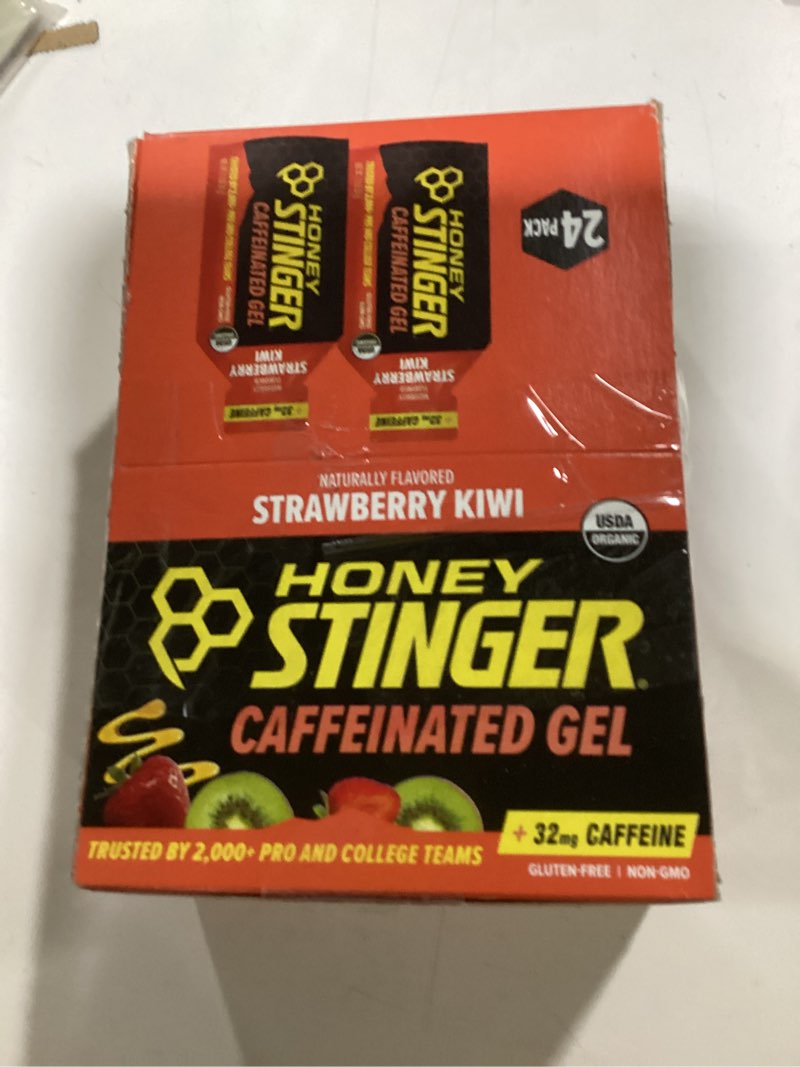 Condition photo showing Good Condition for **incomplete**(missing 2)Honey Stinger Strawberry Kiwi Energy Gel, Caffeinated & Gluten Free with Organic Honey, for Exercise, Running and Performance, Sports Nutrition for Home & Gym, Pre and Mid Workout, 24 Pack Strawberry Kiwi 1.1 Ounce (Pack of 24)