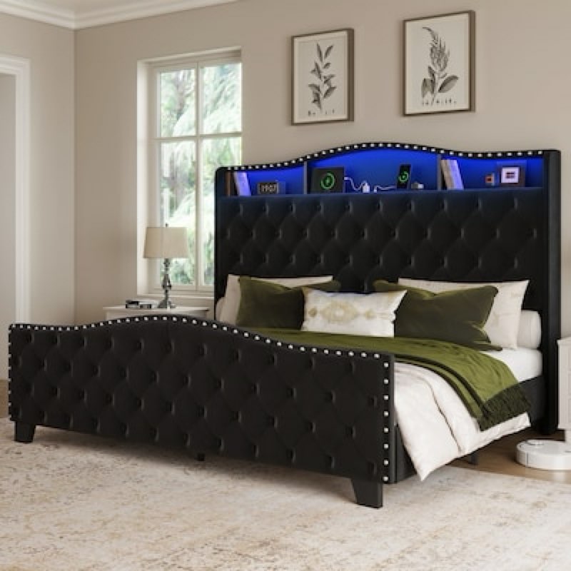 belffin upholstered bed frame king - tufted headboard with led lighting 