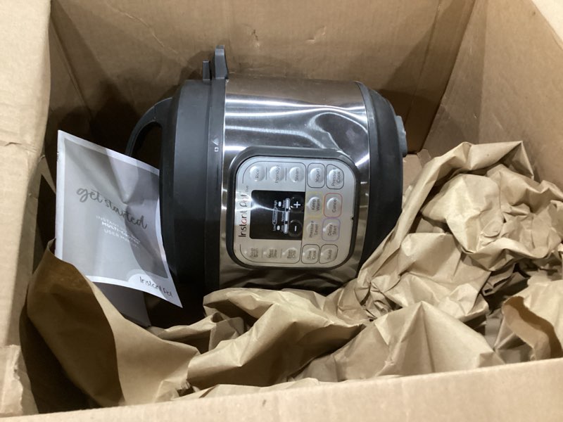 Condition photo showing As Is for Instant Pot Duo 7-in-1 Electric Pressure Cooker, Slow Cooker, Rice, Steamer, Sauté, Yogurt Maker, Warmer & Sterilizer, Includes App With Over 800 Recipes, Stainless Steel, 6 Quart 6 Quarts, NOT TESTED, DENTED