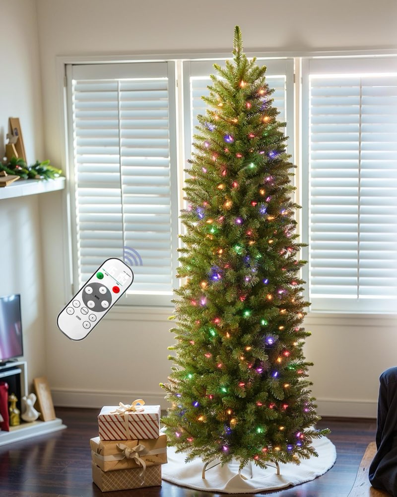 7FT Pre-lit Pencil Christmas Tree Spruce with Remote Control, 300 Warm White Multi-Color Lights, Art