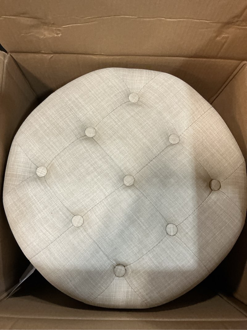 Condition photo showing As Is for amazon basics round linen ottoman with storage, tufted upholstered footstool for living room and bedroom, 20" x 17", linen burlap beige burlap 20"d x 20"w x 17"h