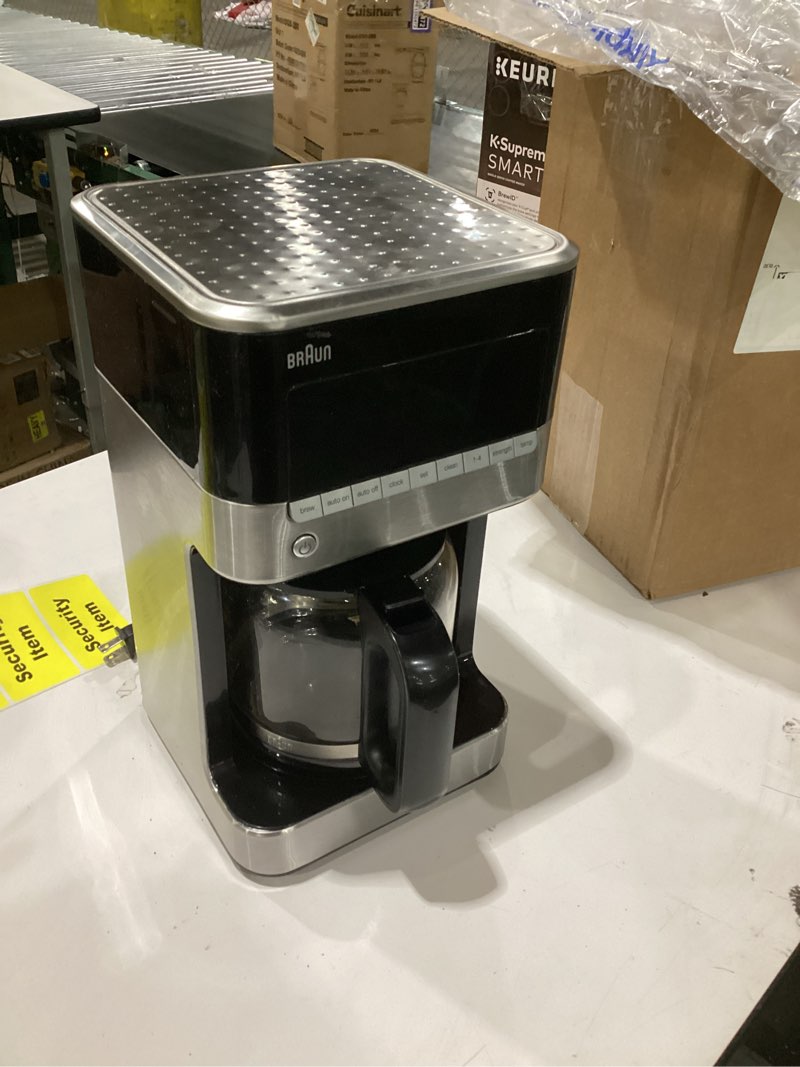 Condition photo showing As Is for Not tested!!! Braun BrewSense 12 Cup Drip Coffee Maker - Pause & Pour Mid Brew, Coffee Machine with 24-Hour Timer & Clock, Bold & Regular Strength, 1-4 Cup Functions, Self Clean, Auto Shutoff, Stainless Steel Silver