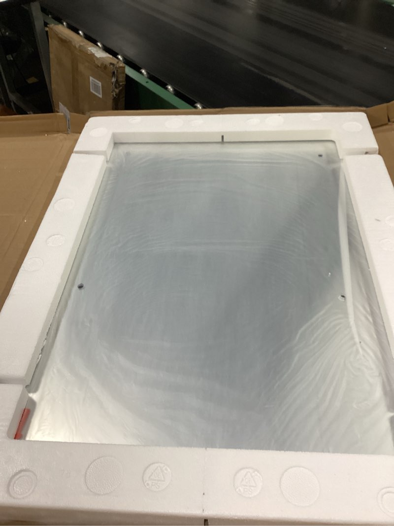 Condition photo showing New/Like New for loaao 22x30 inch bathroom mirror with wood grain colored metal frame, rounded rectangle metal framed bathroom mirror, anti-rust, hangs horizontally or vertically wood grain colored 22"l x 30"w