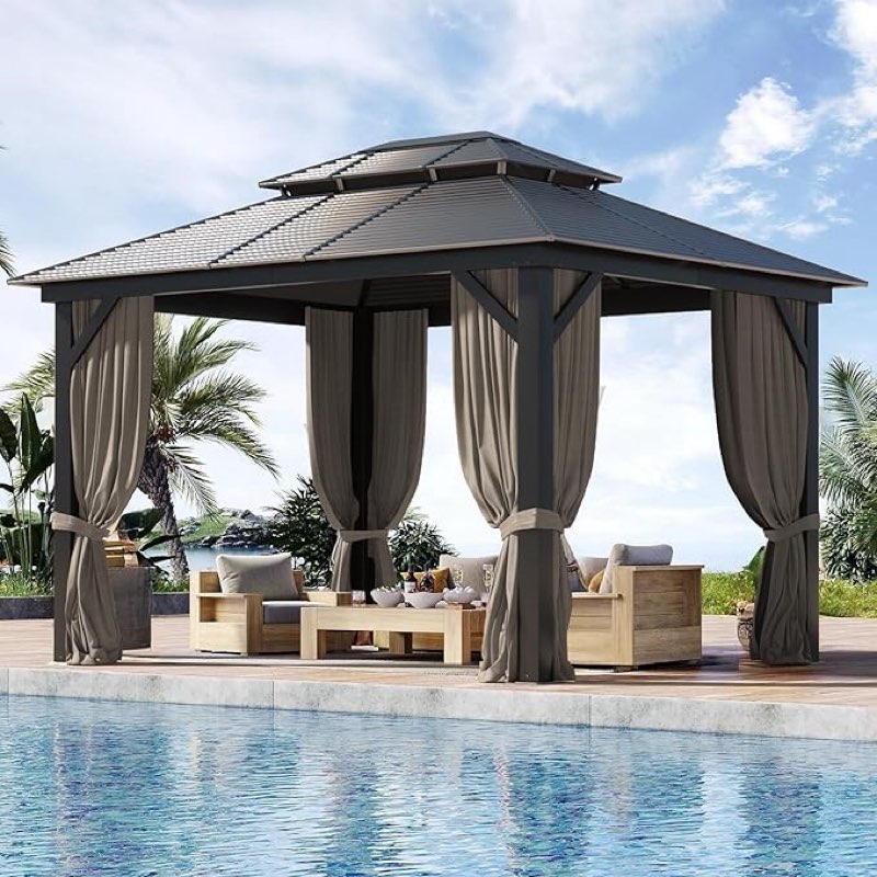 (incomplete) 10x12ft hardtop gazebo,heavy duty metal pavilion with 4.92'' square pillar, outdoor gazebos double roof,patio gazebo with curtain & netting for backyard,deck,lawn