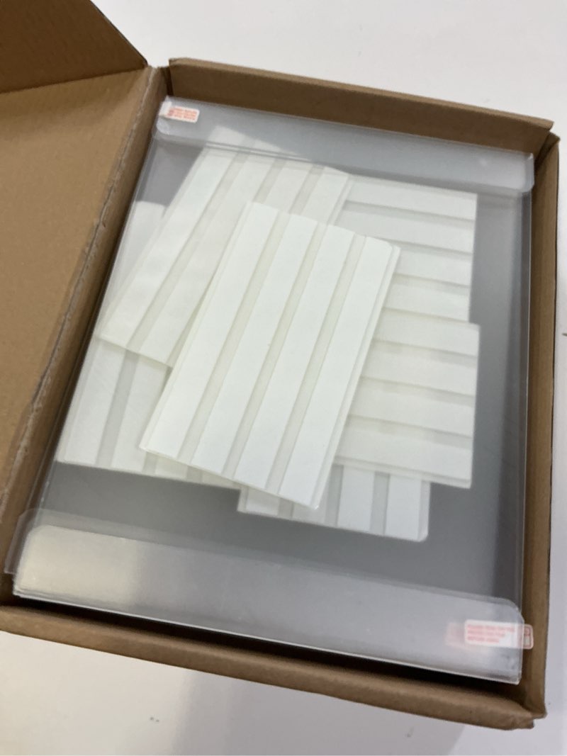 Condition photo showing As Is for 12 pack 8.5x11 acrylic sign holder wall mount, plastic wall signs acrylic frame photo menu flyer display holders with adhesive tape for office, home, store, restaurant - no drilling vertical 12 pack 8.5x11