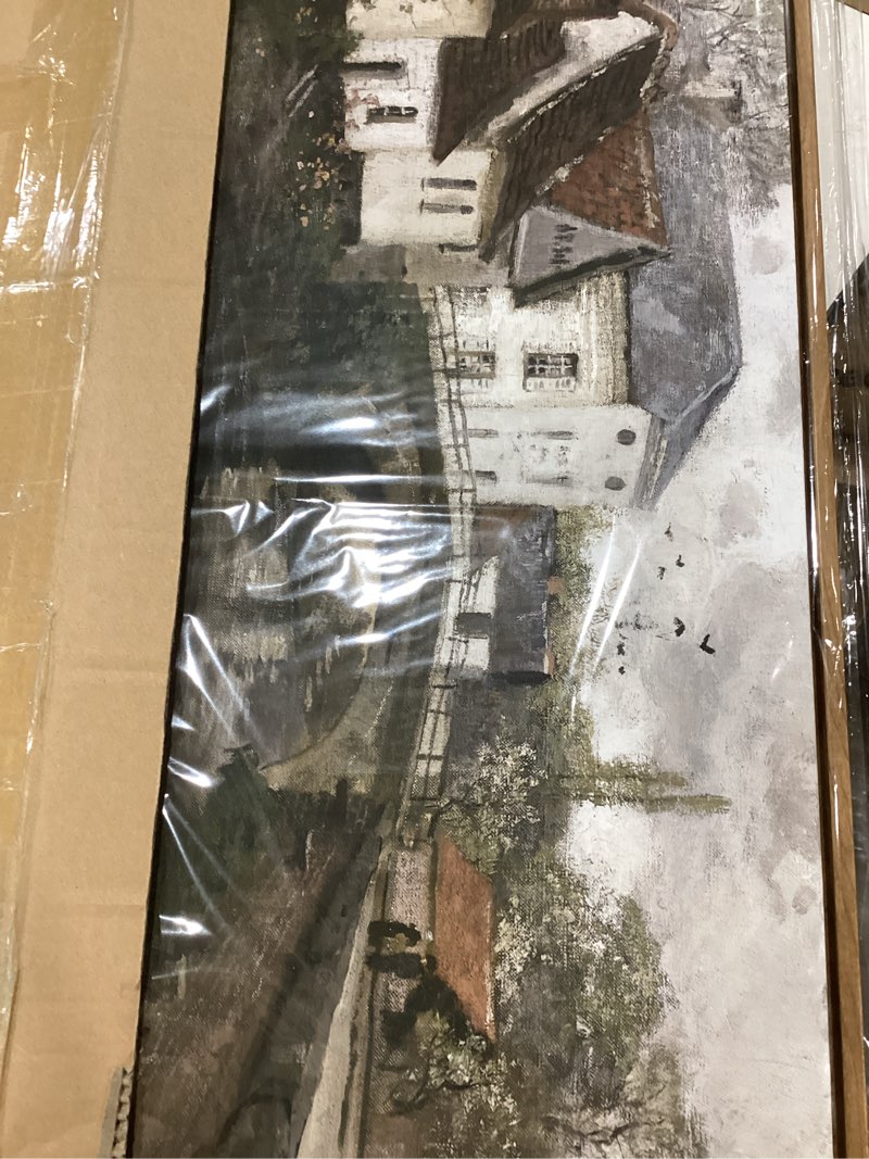 Condition photo showing Good Condition for InSimSea Framed Canvas Wall Art Vintage Decor, Riverside Small Town Large Canvas Prints Home Decor, Rustic Farmhouse Hanging Wall Decor for Bedroom Living Room, 20"x30" Small Town 30"L x 20"W