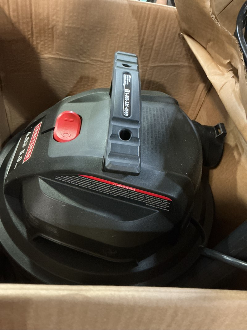 Condition photo showing As Is for craftsman 5-gallon 4-hp corded wet/dry shop vacuum with accessories included