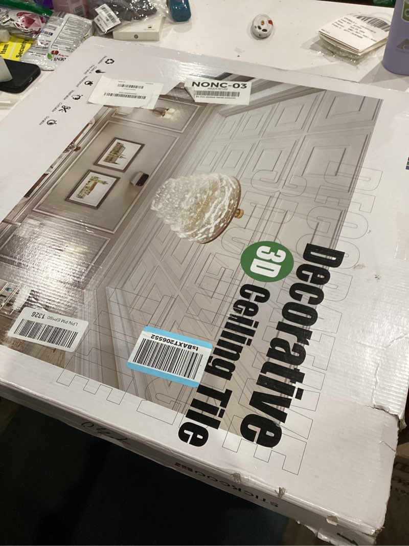 Condition photo showing item condition for stickgoo glue up ceiling tiles, 24x24 inch pvc decorative drop ceiling tile antique copper 48 sq. ft, pack of 12 tiles 24"x24" antique copper