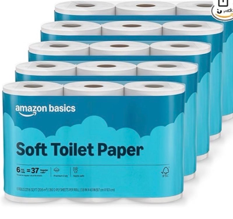 Amazon Basics 2-Ply Soft Toilet Paper, 30 Rolls (5 Packs of 6), 350 Sheets per Roll, Septic Safe, Equivalent to 185 Regular Rolls