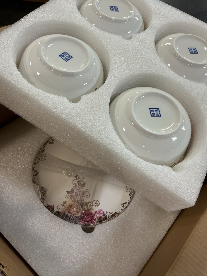 Condition photo showing Good Condition for bone china plates and bowels,12-pieces dinnerware sets, highly chip and crack resistant, dishwasher & microwave safe dishes set, dense and translucence