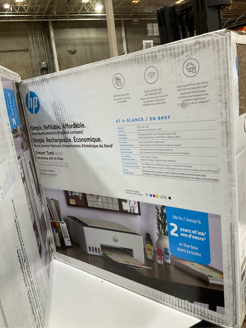 Condition photo showing As Is for hp smart tank 5000 wireless all-in-one ink tank printer, scanner, copier with 2 years of ink included, best-for-home, cartridge-free, refillable, ai-enabled, an ecotank alternative (5d1b6a)