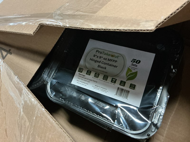 Condition photo showing New/Like New for hinged take-out containers 9? x 9? bpa free, clamshell to go boxes recyclable, microwave & freezer safe food storage boxes for restaurants, catering - cake slice container - black black 50 9 x 9" 1-compartment
