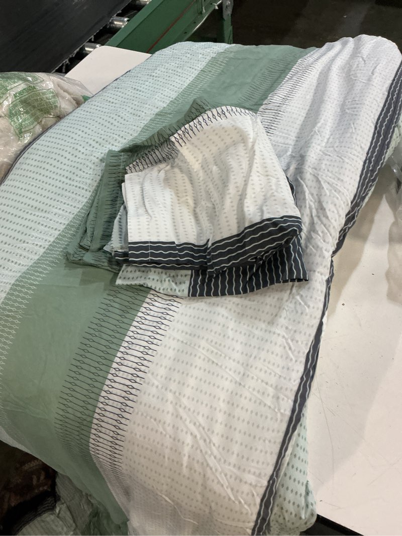 Condition photo showing Good Condition for janzaa queen comforter set sage green comforter soft microfiber queen bed set 3 piece striped comforter set with 2 pillow cases lightweight fluffy bedding down alternative for all season