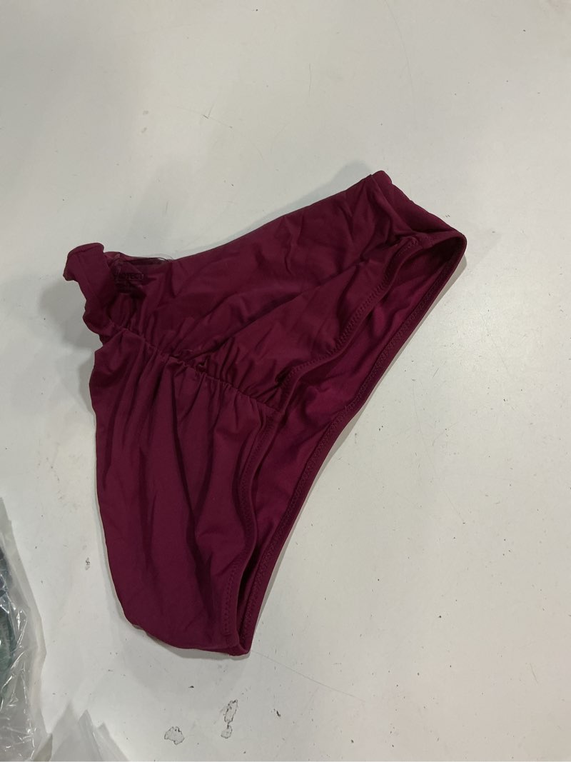 Condition photo showing As Is for eomenie sexy bikini bottom for women ruched swim bottom cheeky swimsuit mid waisted tankini bottoms only burgundy small