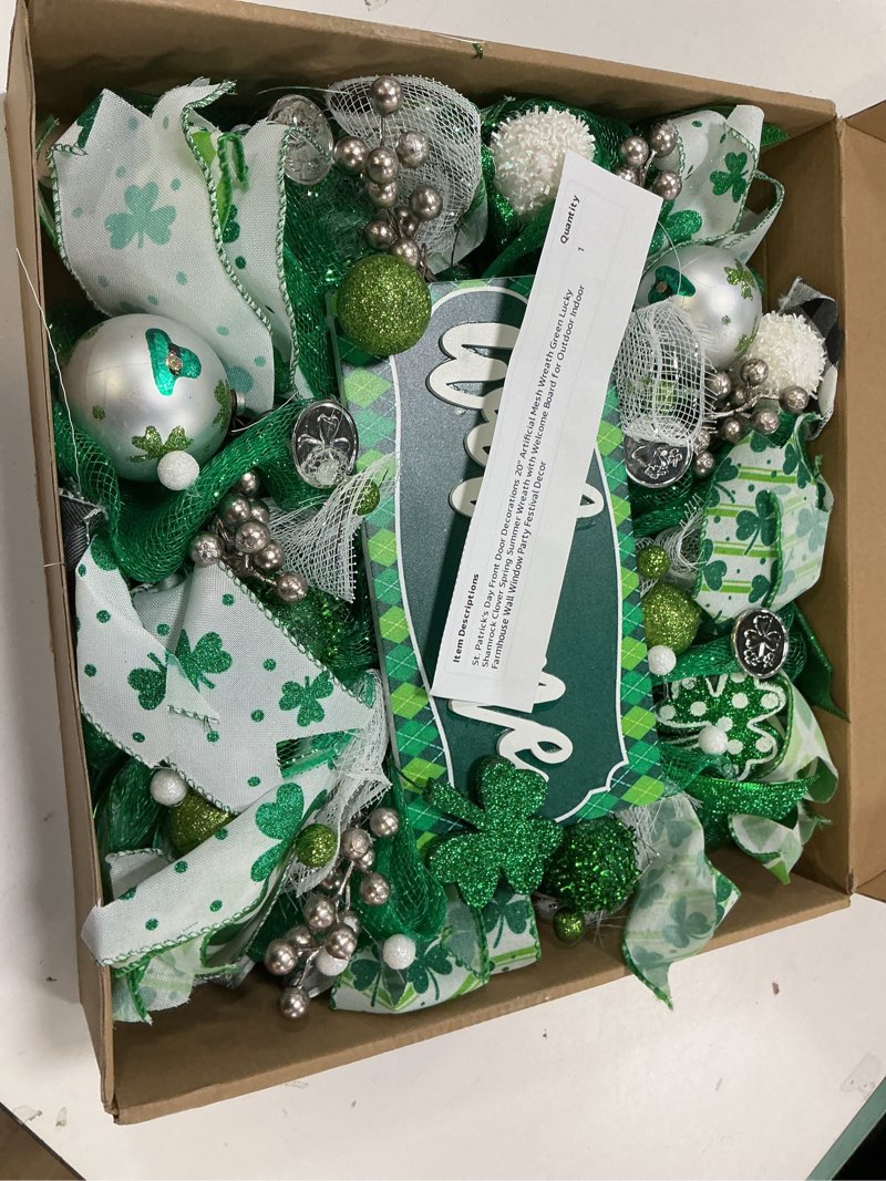 Condition photo showing Good Condition for St. Patrick’s Day Front Door Decorations 20" Artificial Mesh Wreath Green Lucky Shamrock Clover Spring Summer Wreath with Welcome Board for Outdoor Indoor Farmhouse Wall Window Party Festival Decor