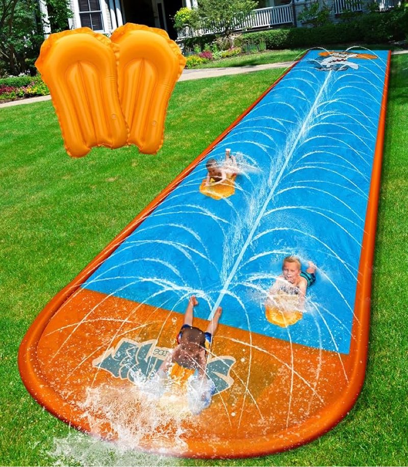 spring water slip and water slide, 22ft *2 lanes slip water slides for kids backyards ages 5-8 8-12 with sprinkler and inflatable bodyboards, summer water fun toy for outdoor lawn games play
