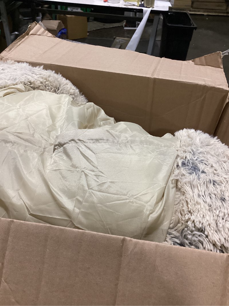Condition photo showing As Is for best friends by sheri the original calming donut dog bed for large dogs up to 100 lbs, shag faux fur, taupe, large, 36" x 36" taupe shag large