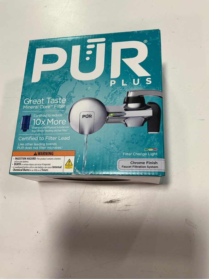 Condition photo showing New/Like New for PUR PLUS Faucet Mount Water Filtration System, 3-in-1 Powerful, Natural Mineral Filtration with Lead Reduction, Horizontal, Chrome, PFM400H