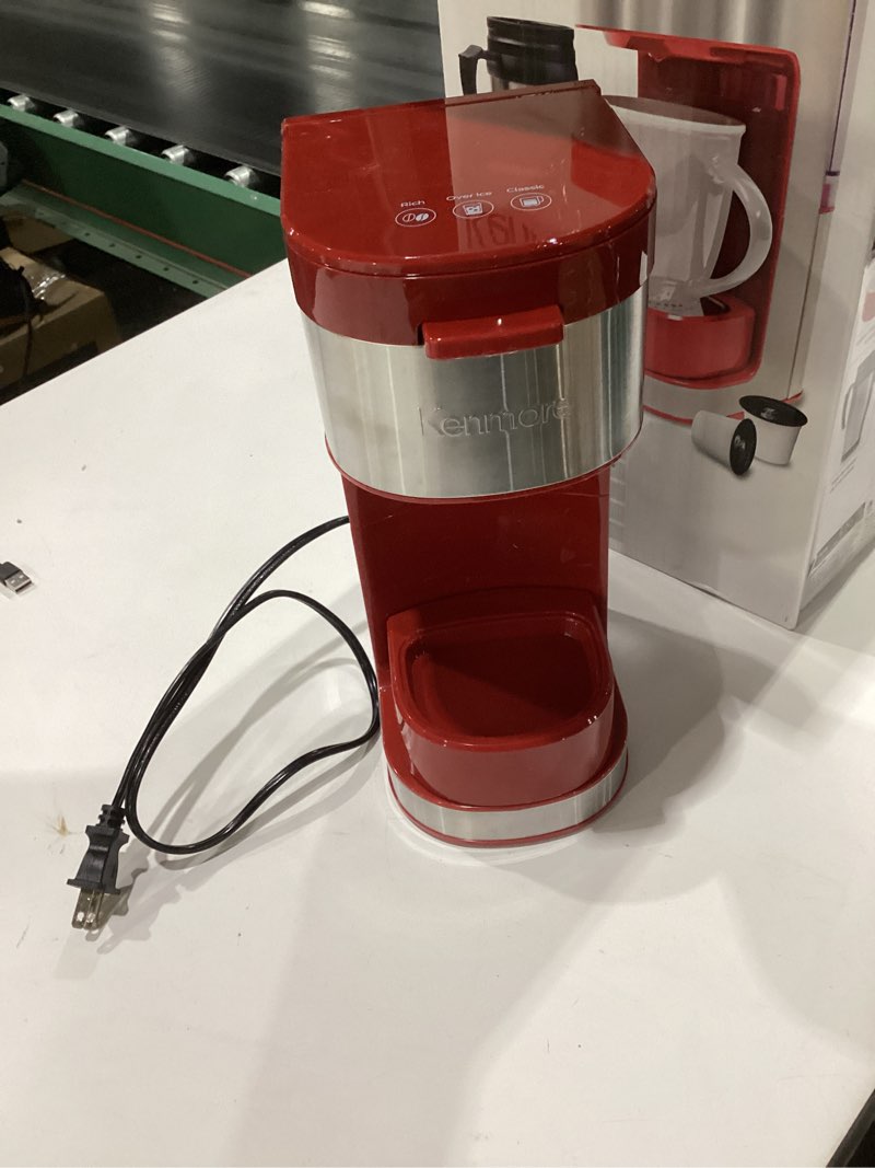 Condition photo showing As Is for kenmore single serve coffee maker – compatible with keurig k?cup pods & ground coffee, one cup brewer, 6–12 oz brew sizes, travel mug friendly, auto shut?off, hot & iced maquina de cafe, red kkcmkcm-r, missing part, not tested