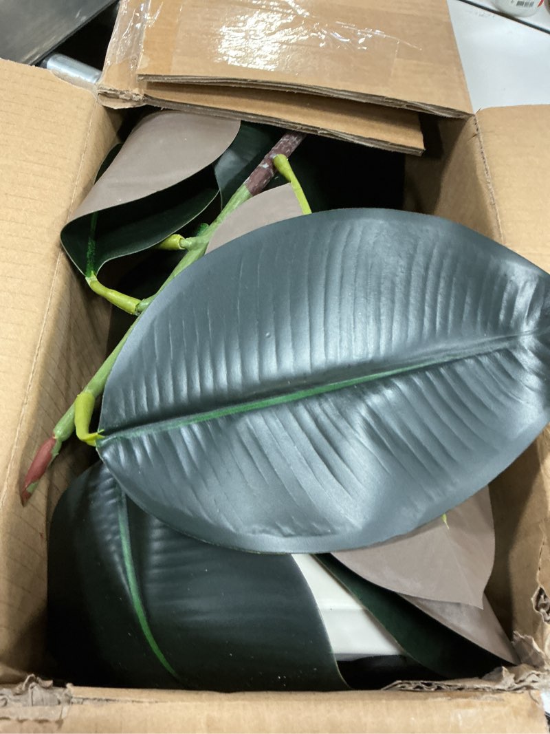 Condition photo showing As Is for Artificial Rubber Tree - 6 FT Tall Fake Tree with Pot - Large Artificial Plants Indoor, Lifelike Branches & Foliage - Faux Plants Indoor for Home Office Living Room Floor Patio Greening