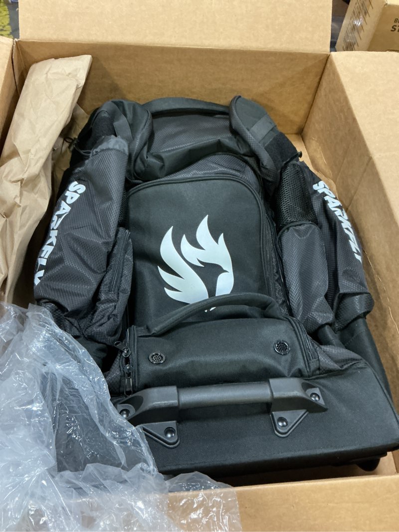 Condition photo showing As Is for SPARKFLY Rolling Baseball Bag, Wheeled with Hidden Backpack Straps, 4 Bat Sleeves, 2 Drink Pockets, Shoe Compartment Durable Equipment Softball bag